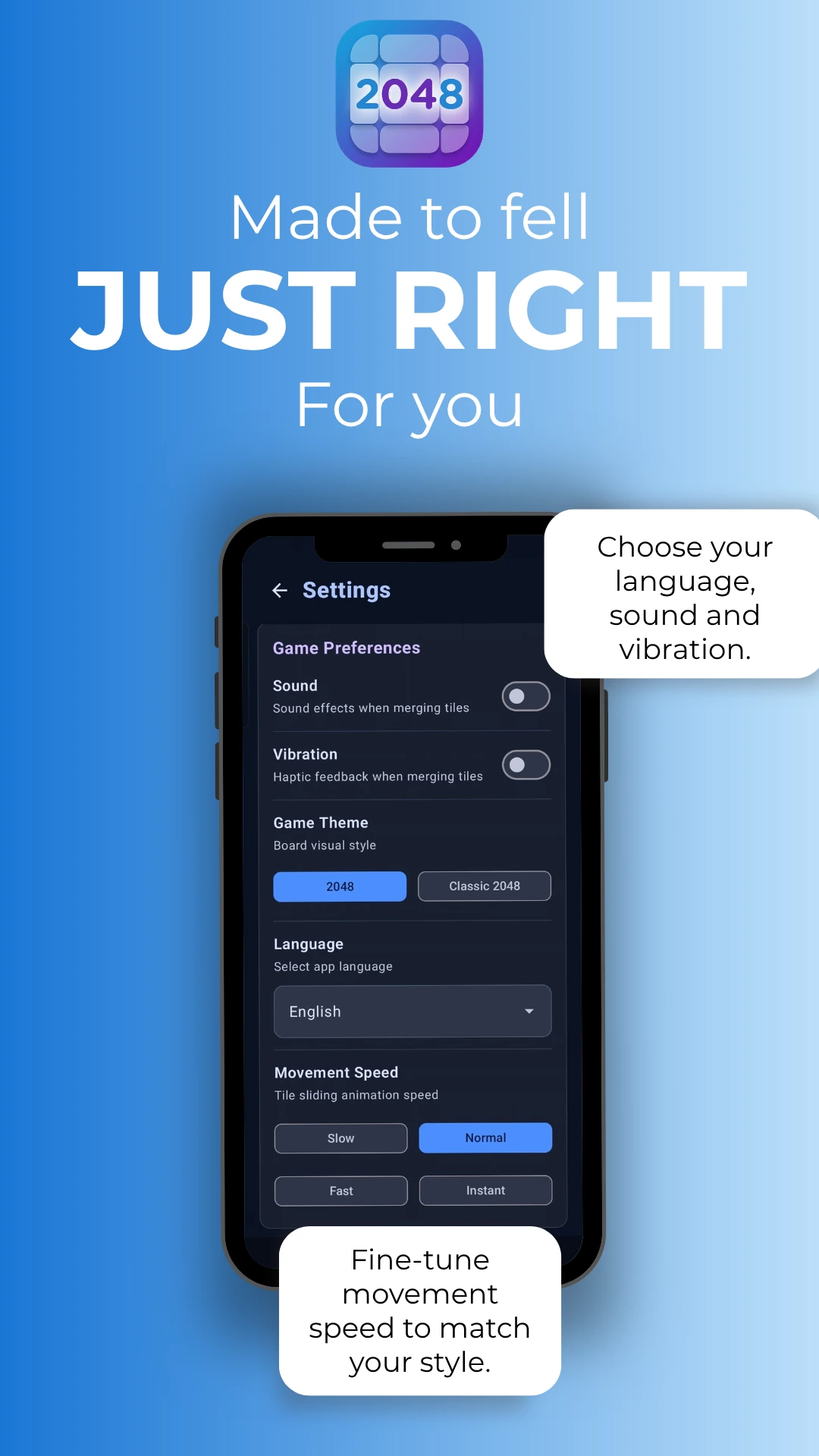 2048 Puzzle settings: sound, vibration, theme, language and speed