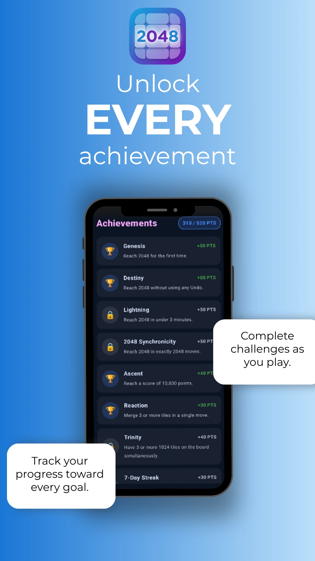2048 Puzzle achievements: unlock challenges like Genesis, Destiny or Lightning
