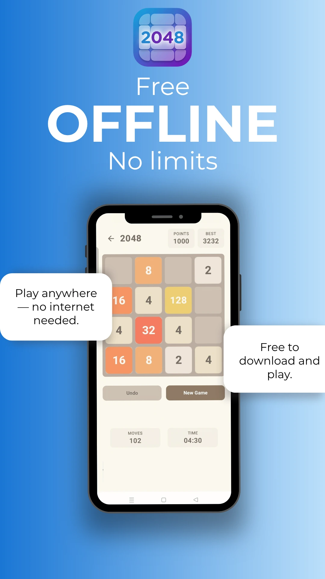 2048 Puzzle offline mode: play without an internet connection, free download and play