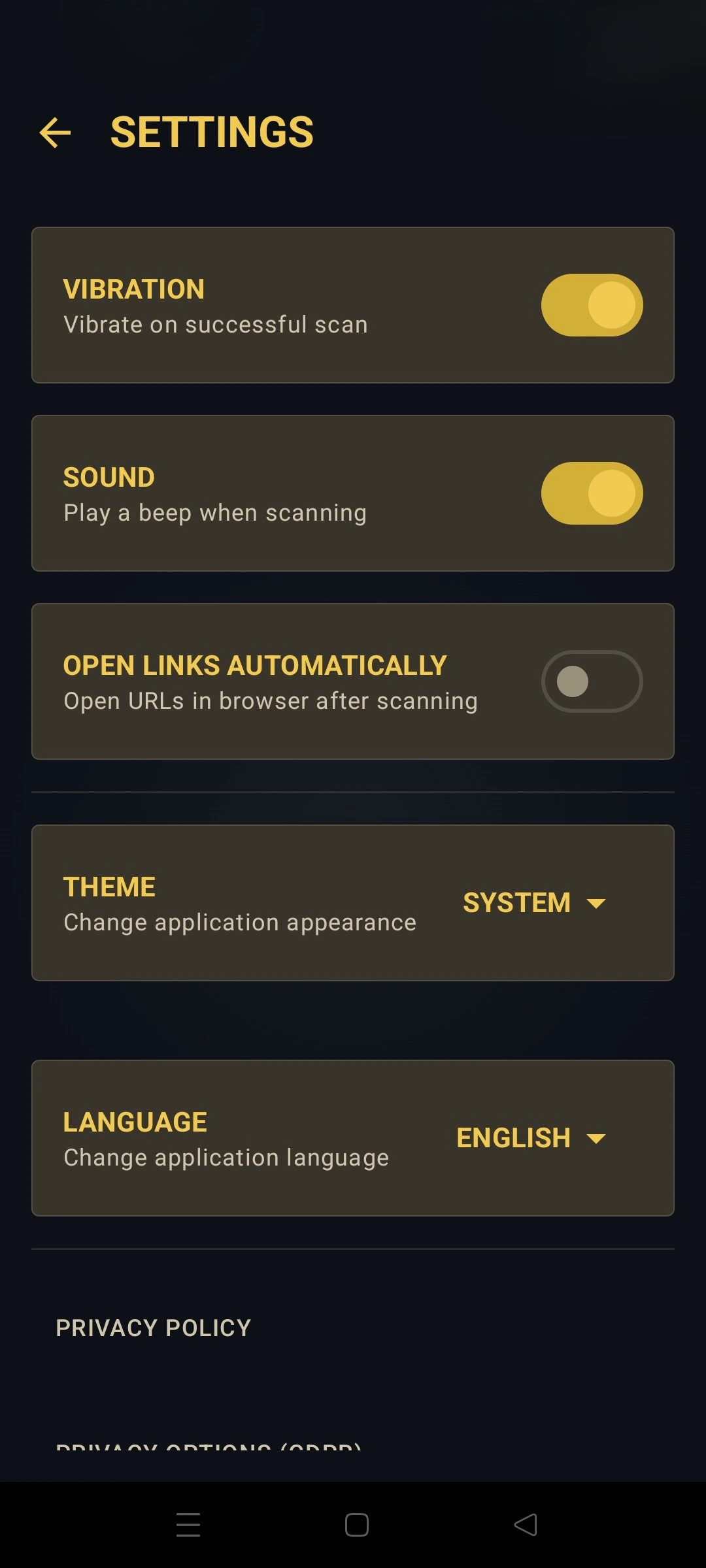 QRVault settings: vibration, sound, auto-opening links, theme, and language