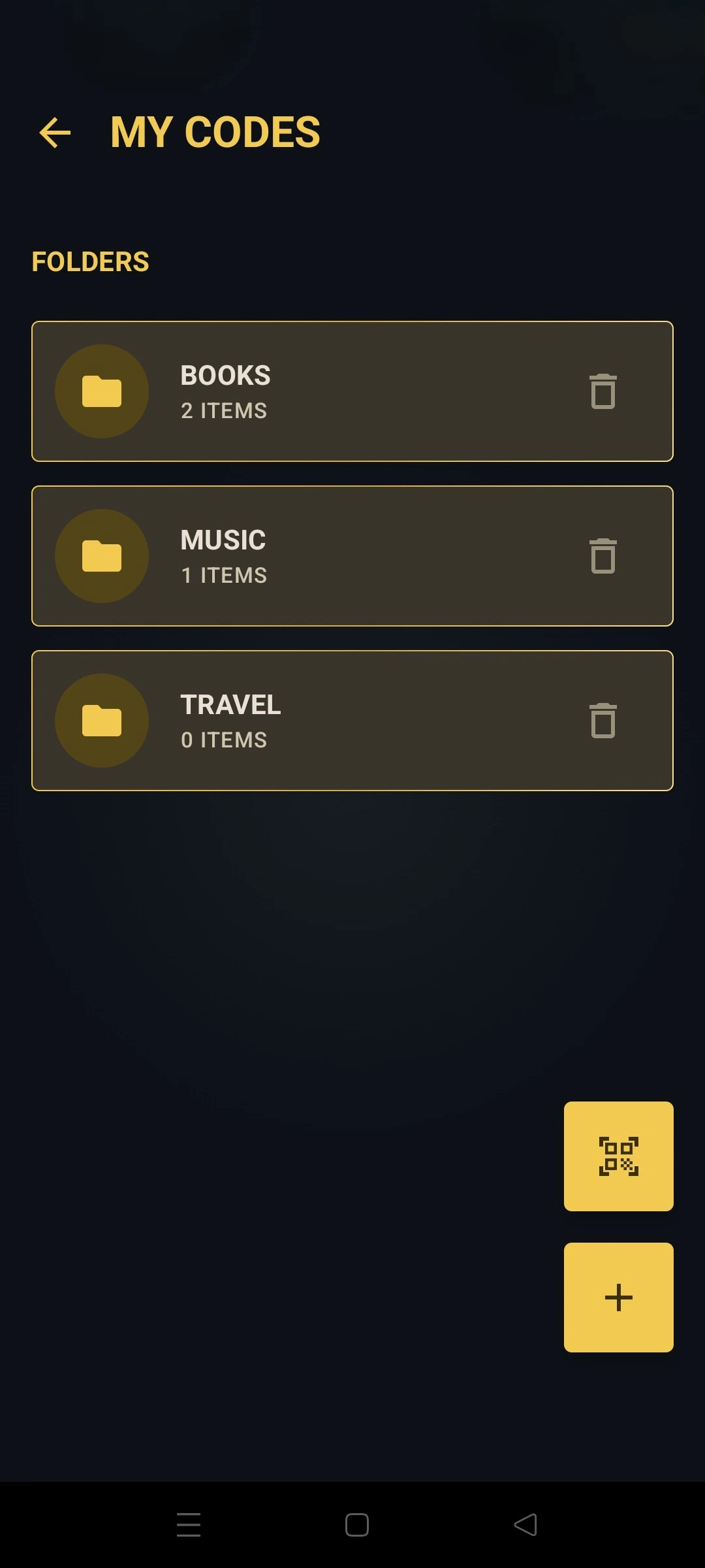 My codes in QRVault organized into color folders like Books, Music or Travel