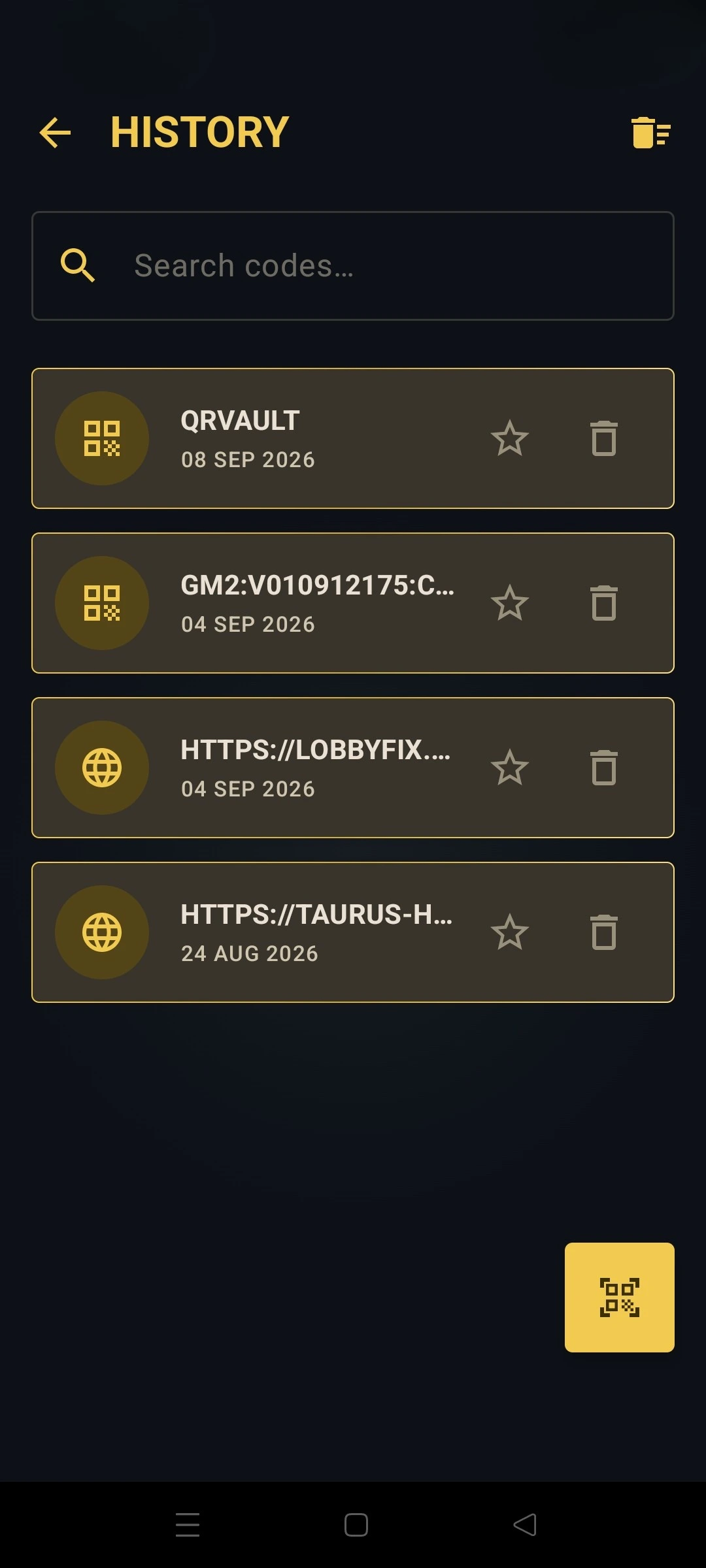 QRVault history with a search box and dates to find any saved code