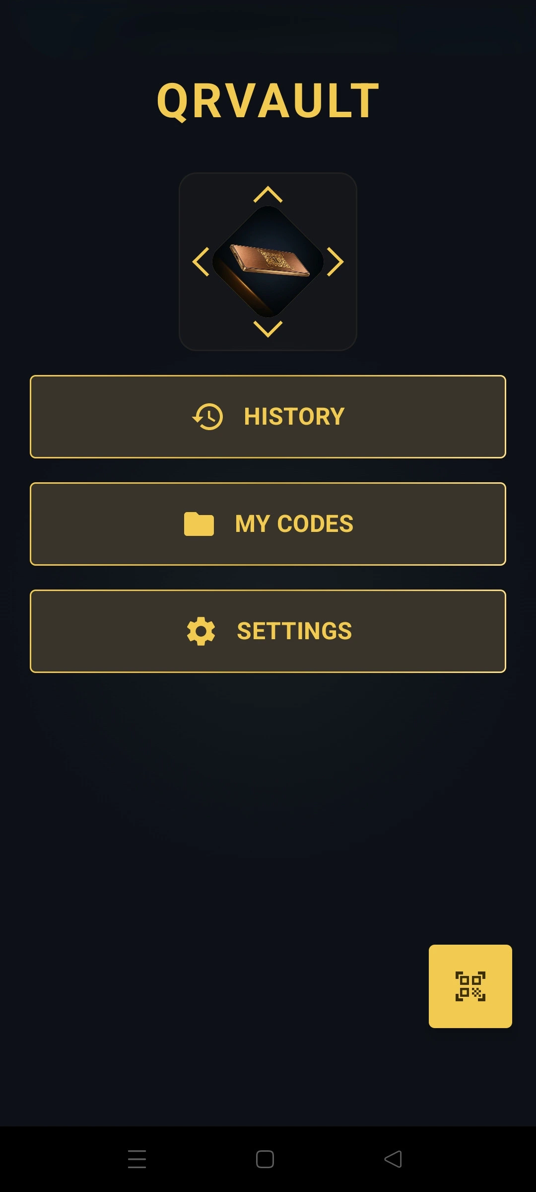 QRVault main menu: history, my codes, and settings