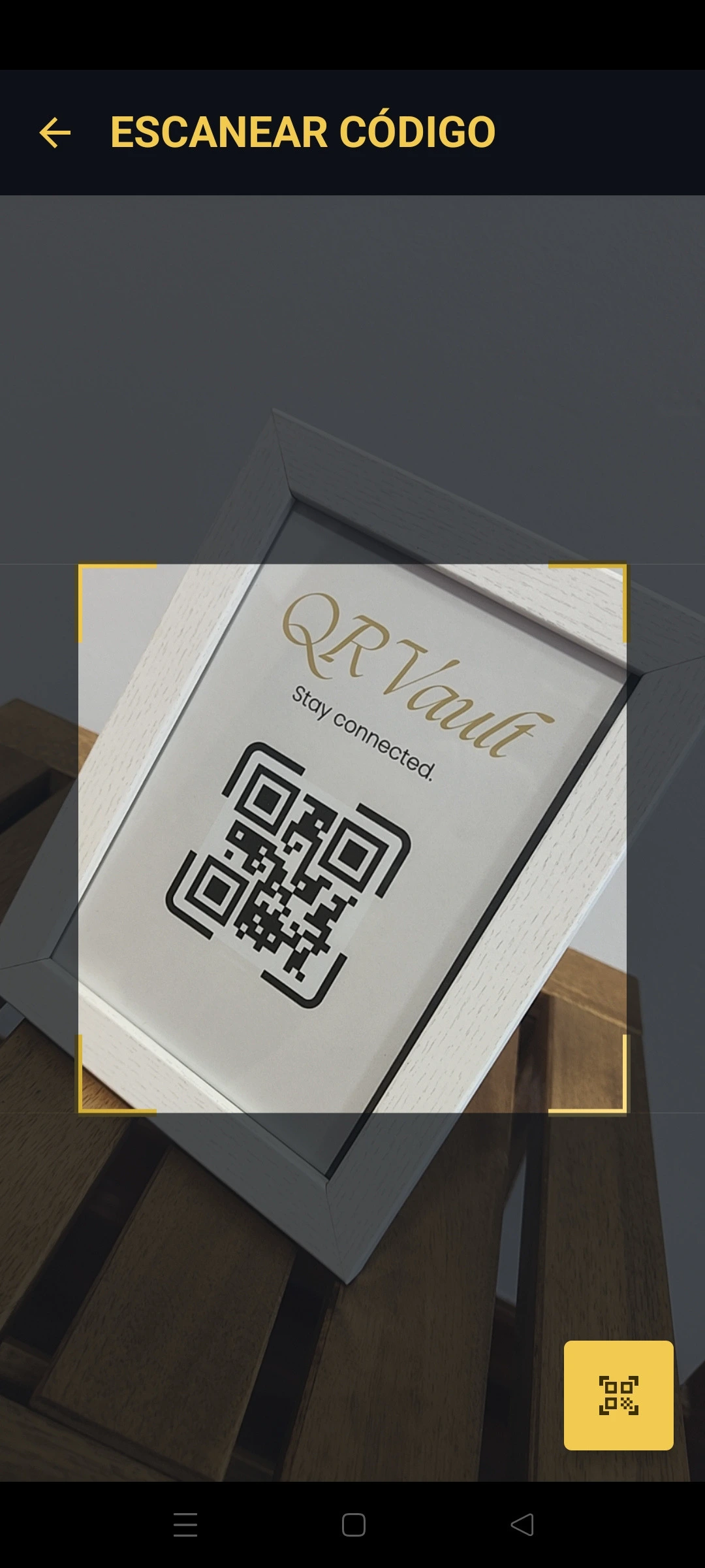 QRVault scanner ready to read QR codes and barcodes with the camera